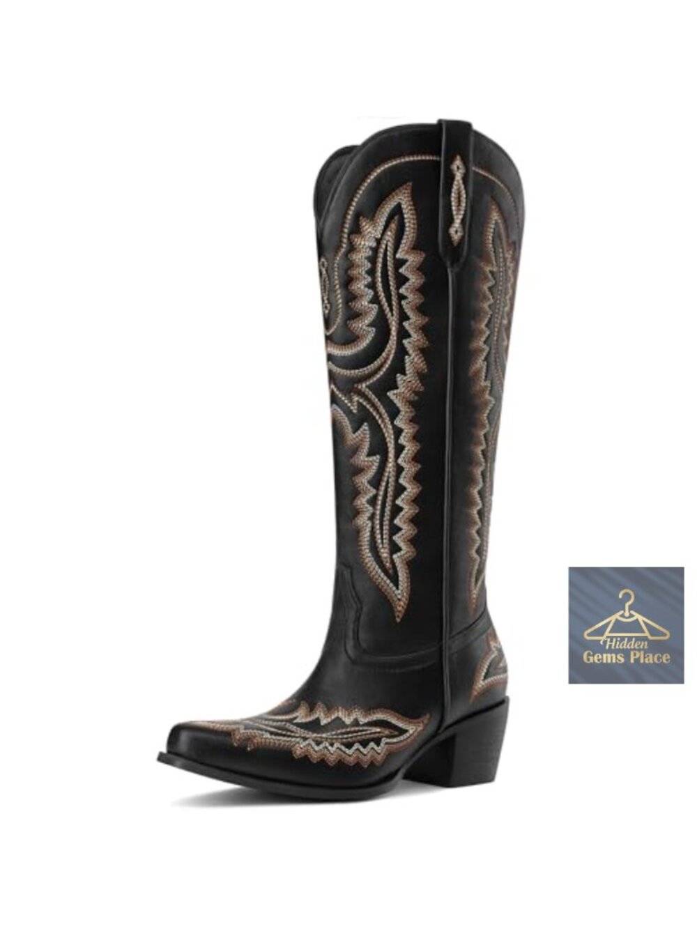 PU Cowboy Boots Knee High Pointed Toe Chunky Heel Pull On Western